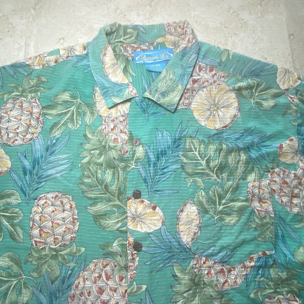 Bermuda Bay‎ Silk Pineapple Leaf Print Short Sleeve Button Up Shirt Men's XXL
